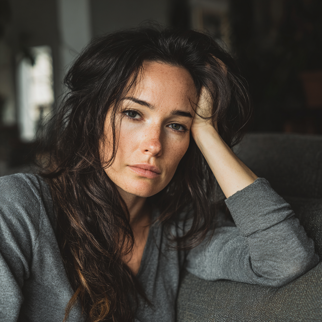 An upset woman sitting on a couch | Source: Midjourney