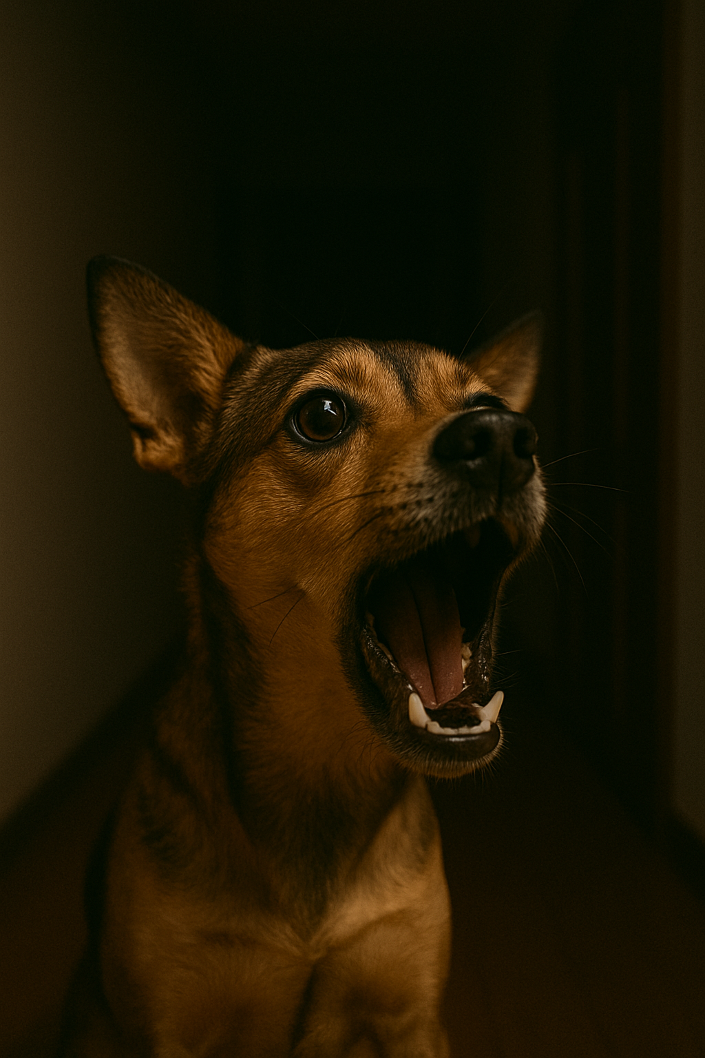 A barking dog in a darkened hallway | Source: DALL-E