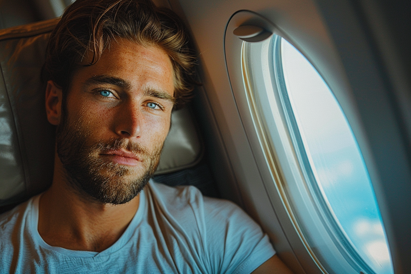 A young man sitting by the window in an airplane | Source: Midjourney