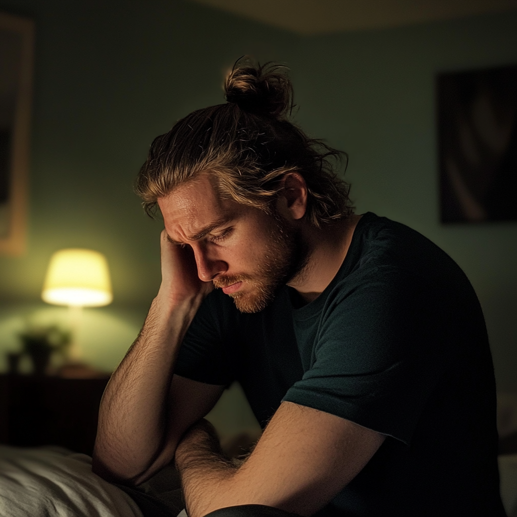 An upset man sitting on a bed | Source: Midjourney