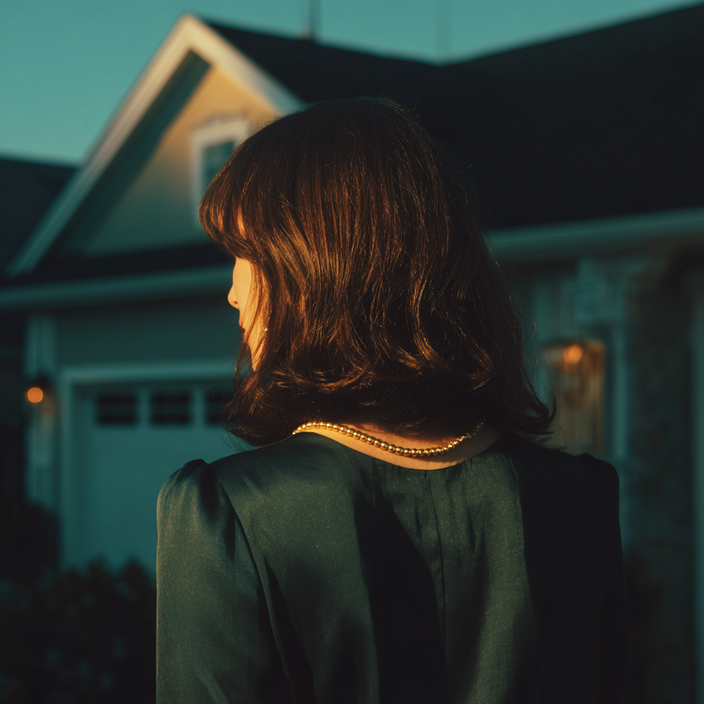 A woman walking out of a house | Source: Midjourney