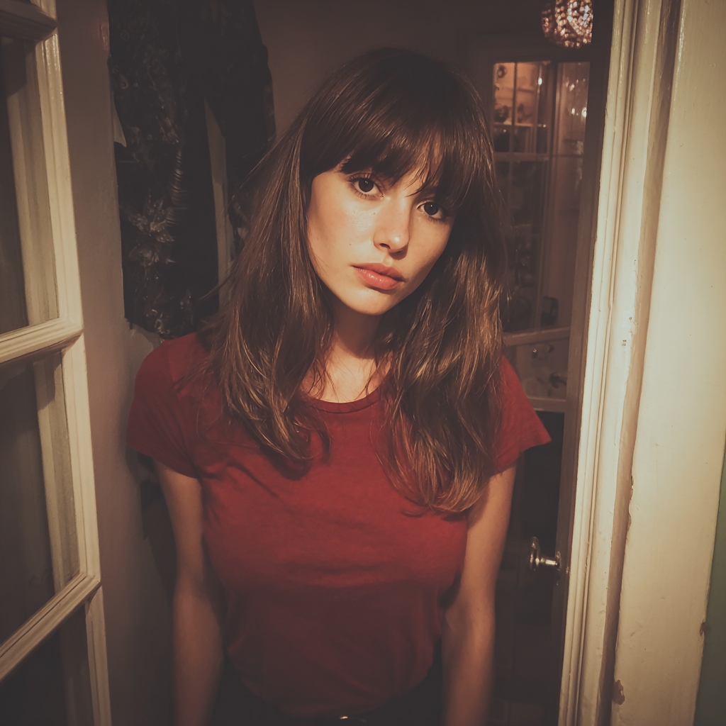 A pensive woman wearing a red t-shirt | Source: Midjourney