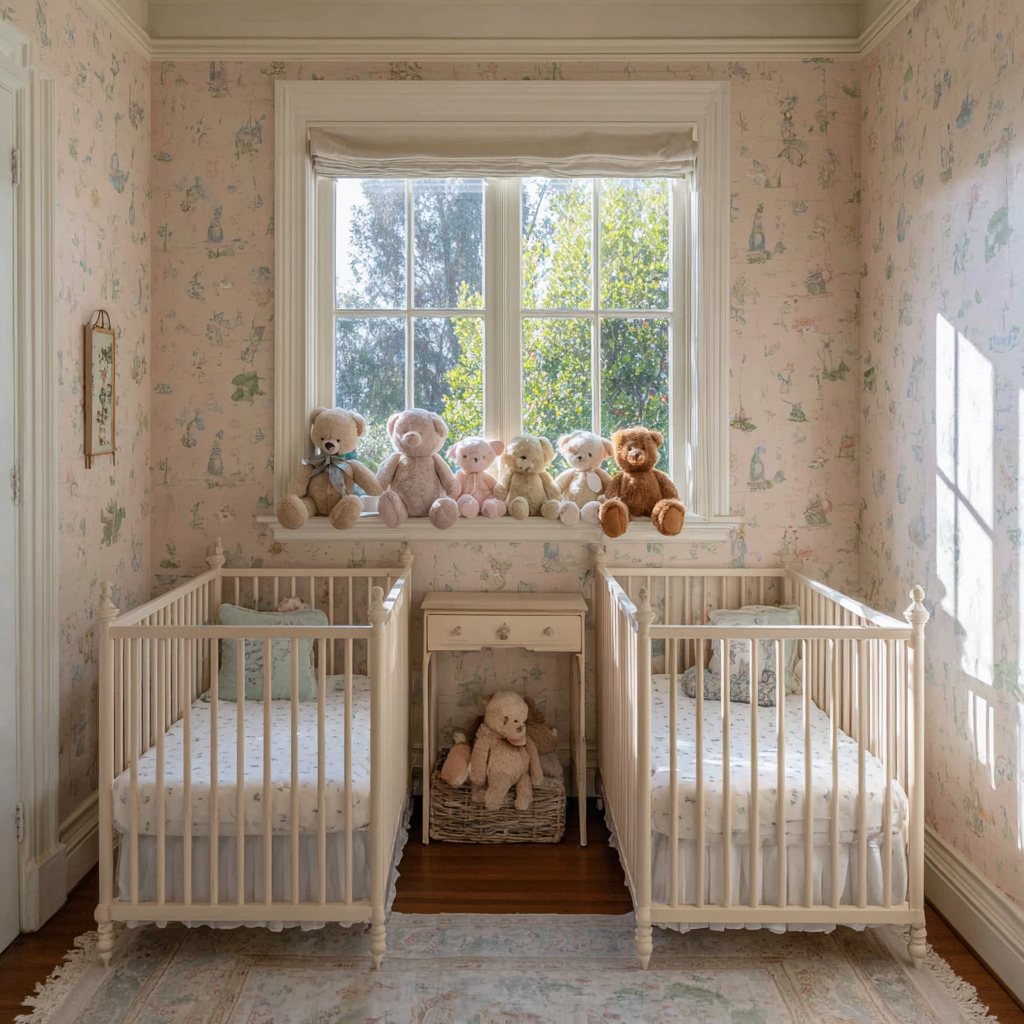 Dwa łóżeczka w pokoju dziecięcym | Źródło: Midjourney