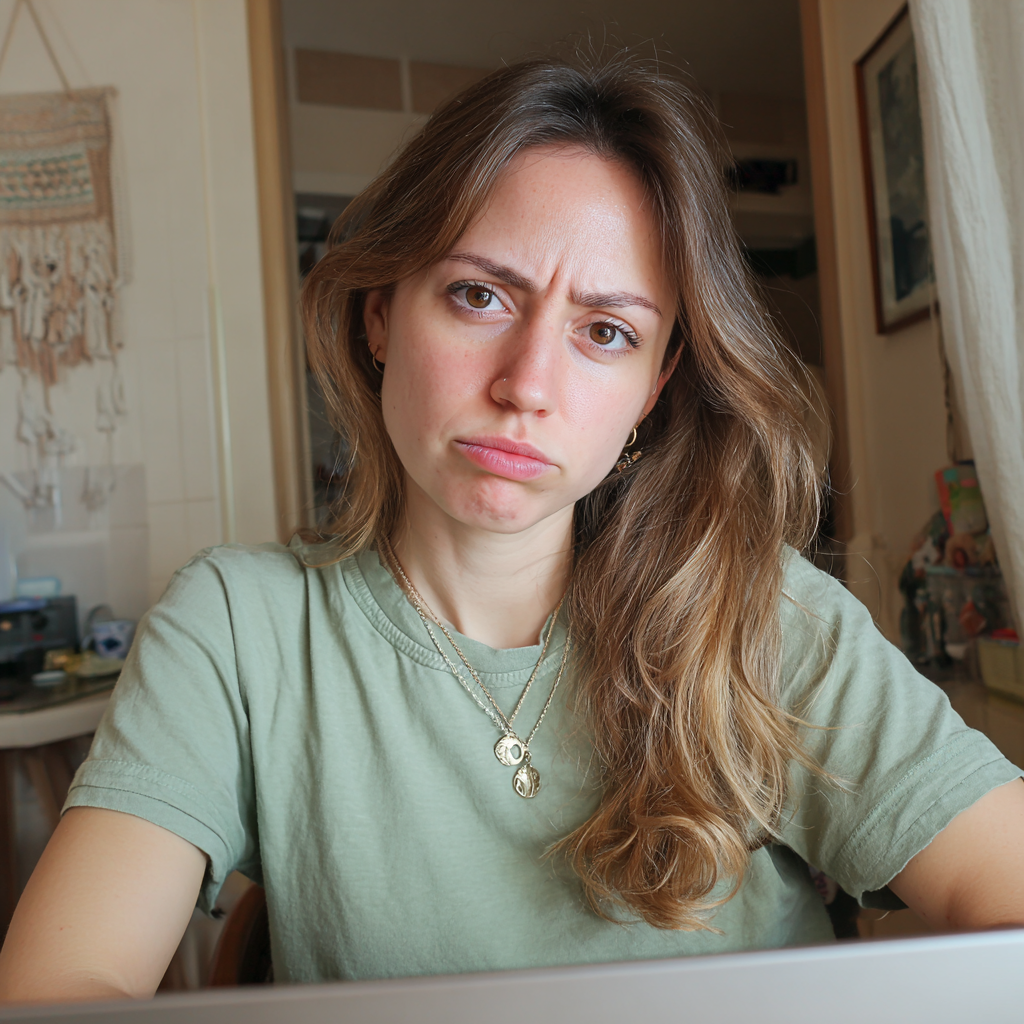 A frowning woman sitting at a table | Source: Midjourney