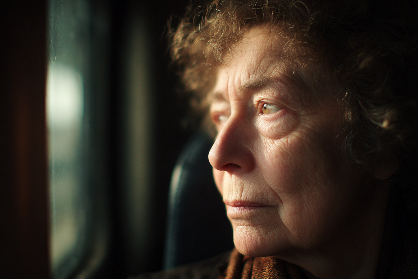 A woman looking outside a train window | Source: Midjourney