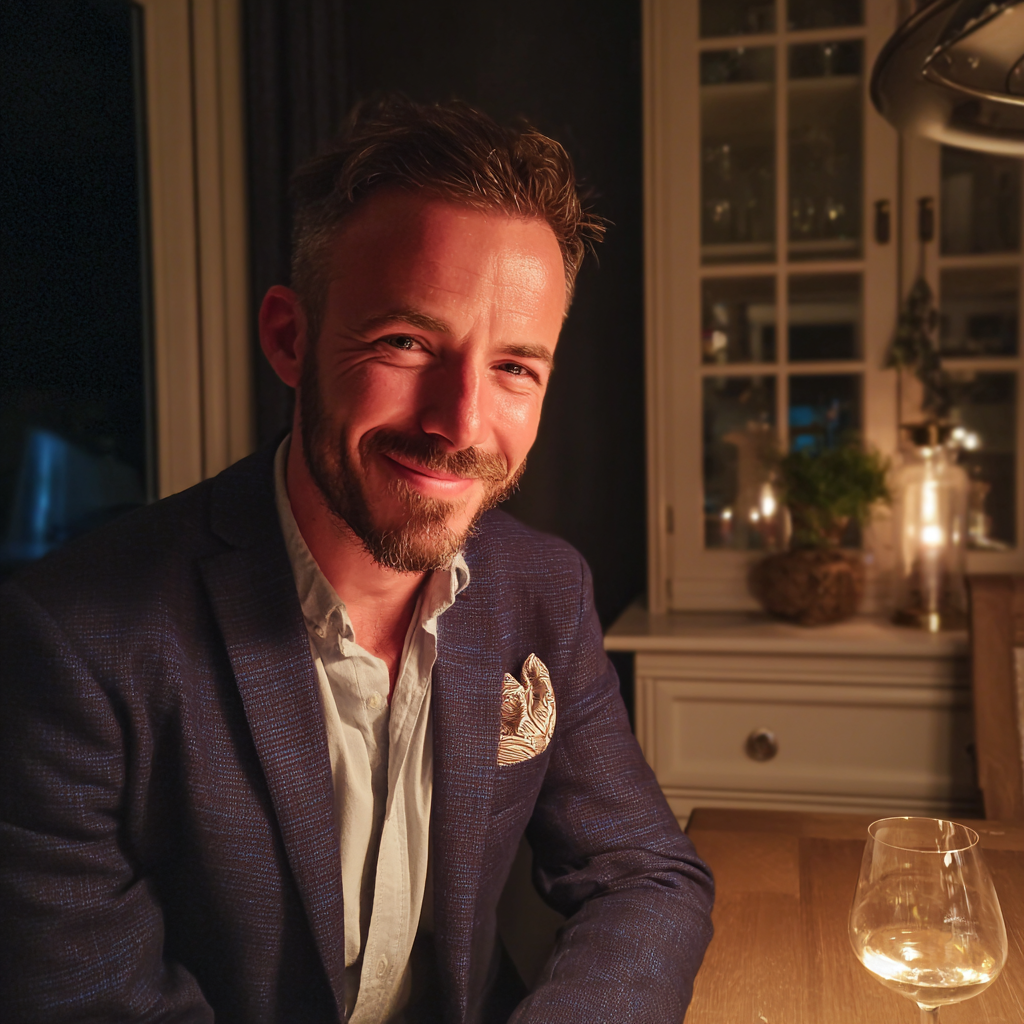 A smiling man sitting at a dining table | Source: Midjourney