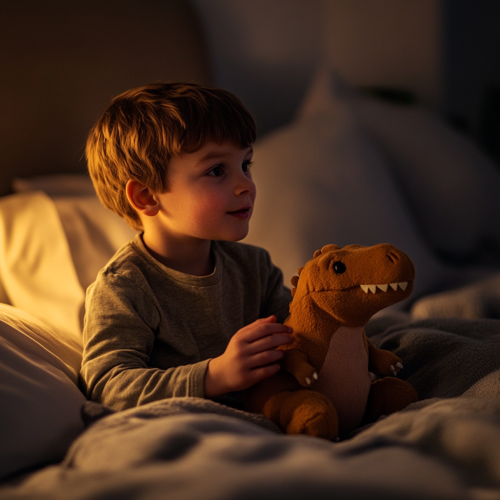 Un niño sosteniendo un dinosaurio de peluche | Fuente: Midjourney