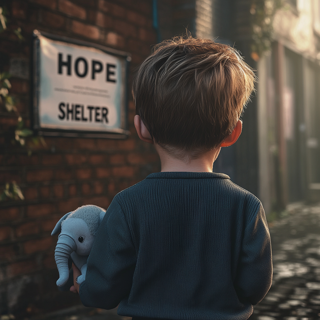 A little boy standing outside a shelter | Source: Midjourney