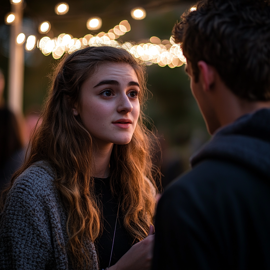 A young woman talking to a man at a charitable event | Source: Midjourney