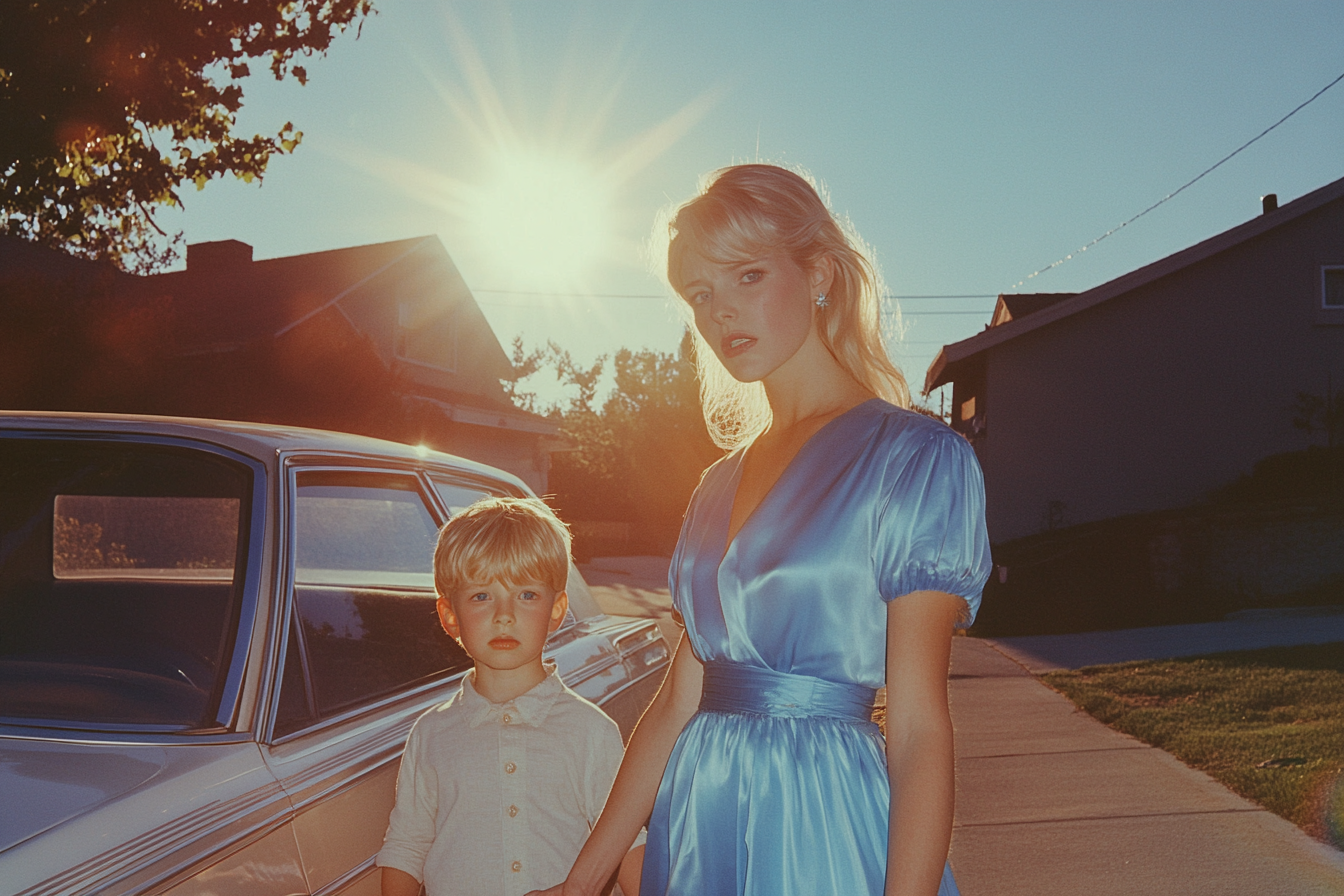 A woman standing next to a small boy in front of a car in a suburban neighborhood | Source: Midjourney