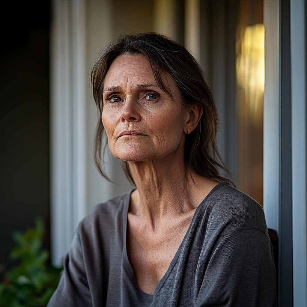 A thoughtful and withdrawn senior woman sitting on the front porch | Source: Midjourney