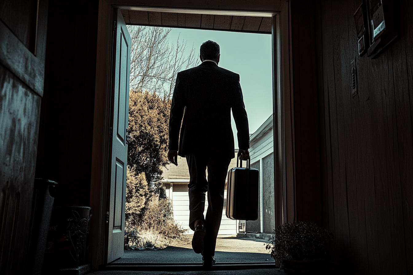 A man in a suit with a briefcase walking out of a house | Source: Midjourney