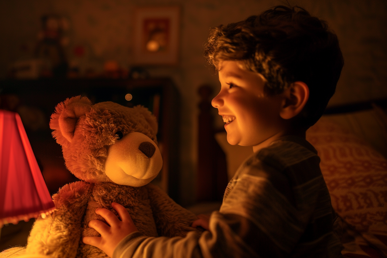 A boy smiling while holding his teddy bear | Source: Midjourney