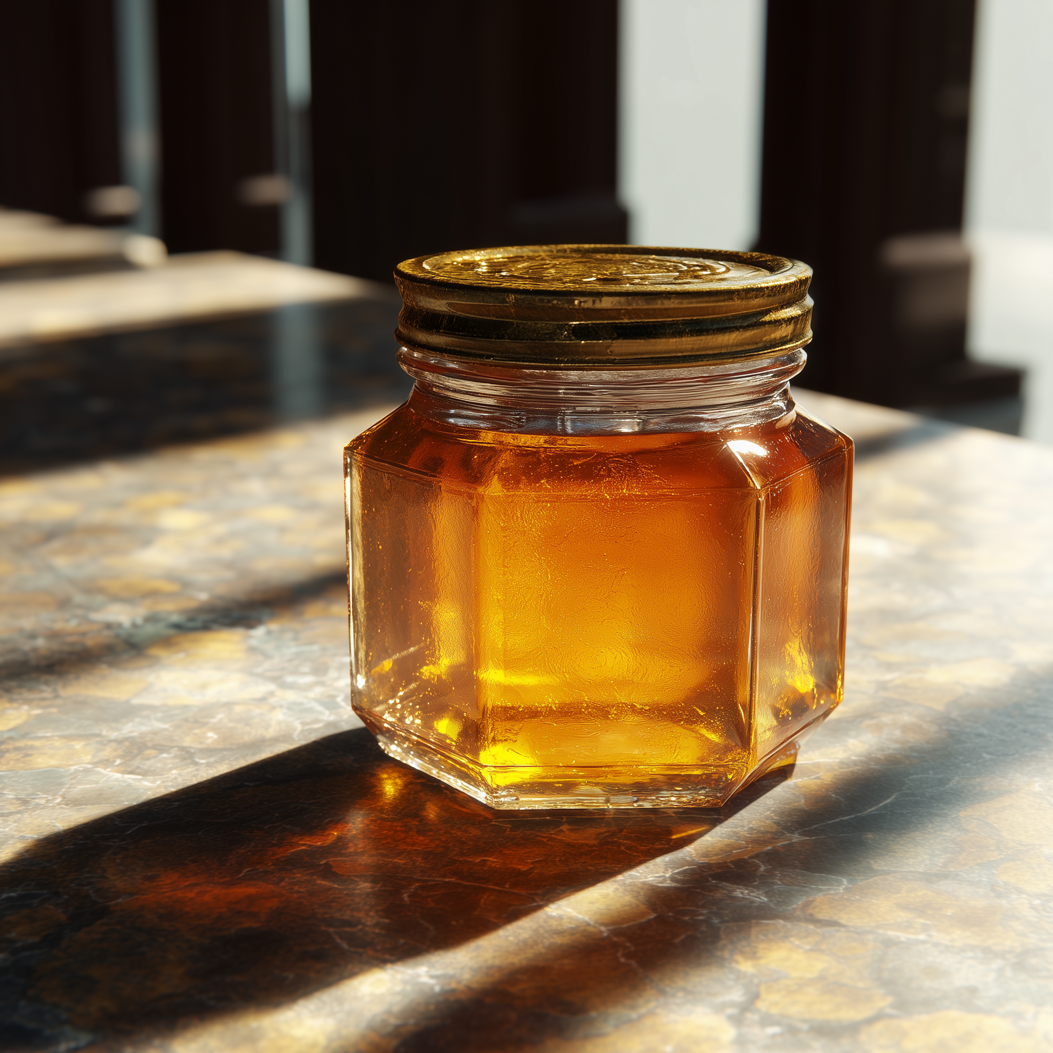 A jar of honey on a table | Source: Midjourney