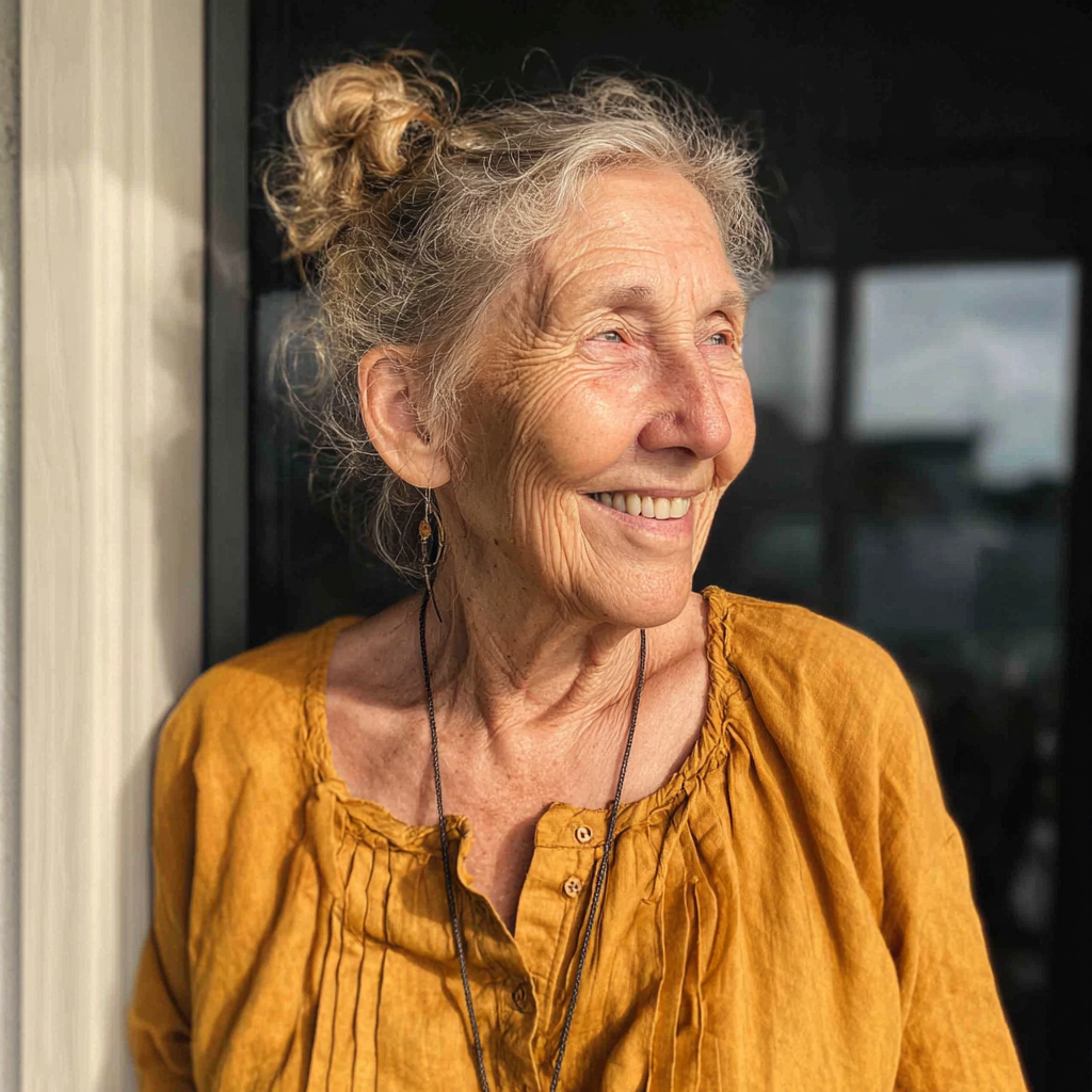 A smiling older woman wearing a mustard dress | Source: Midjourney