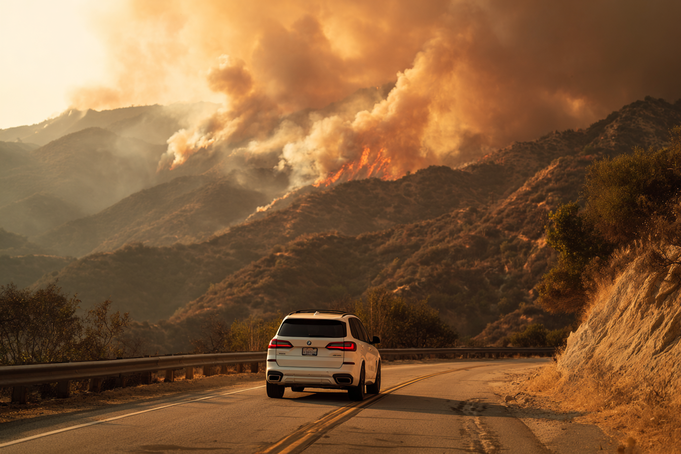 A car driving toward hills covered in flames and smoke | Source: The Celebritist