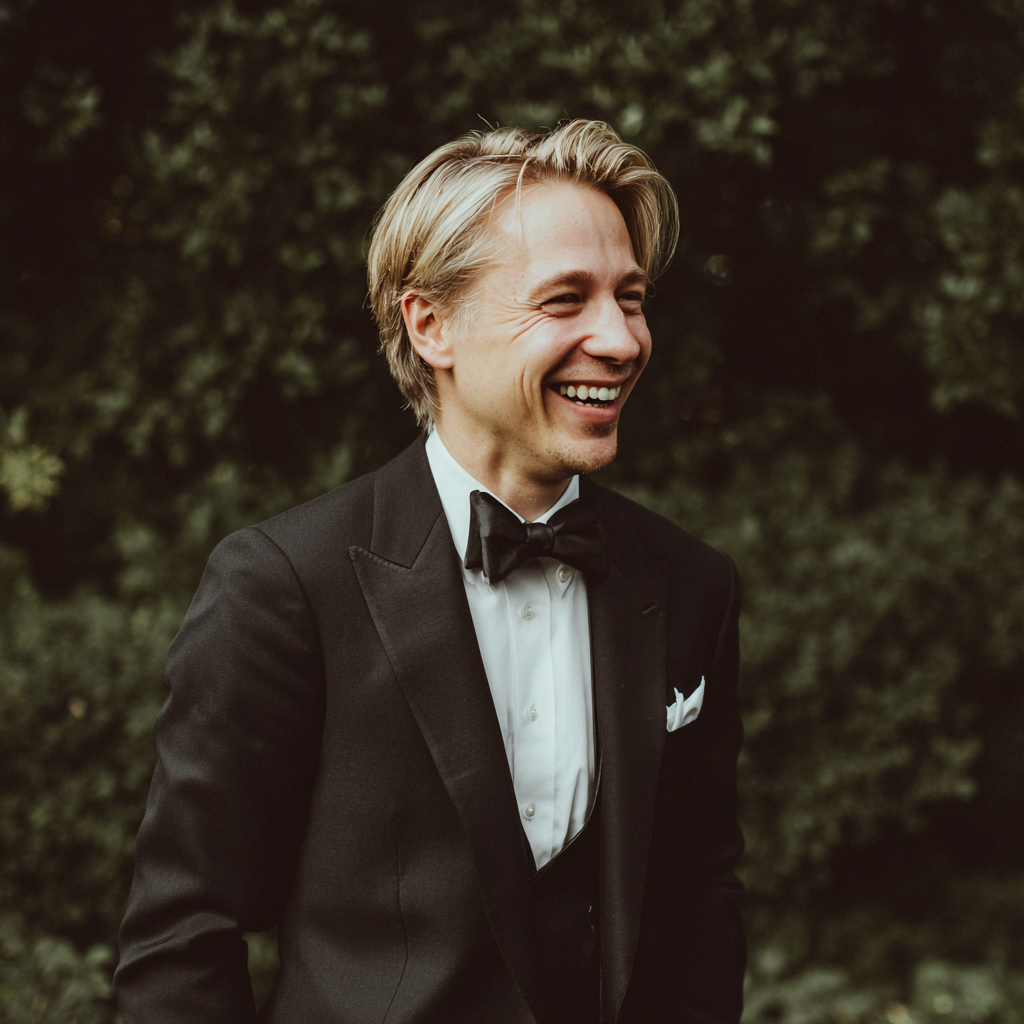 A laughing groom wearing a black tux | Source: Midjourney