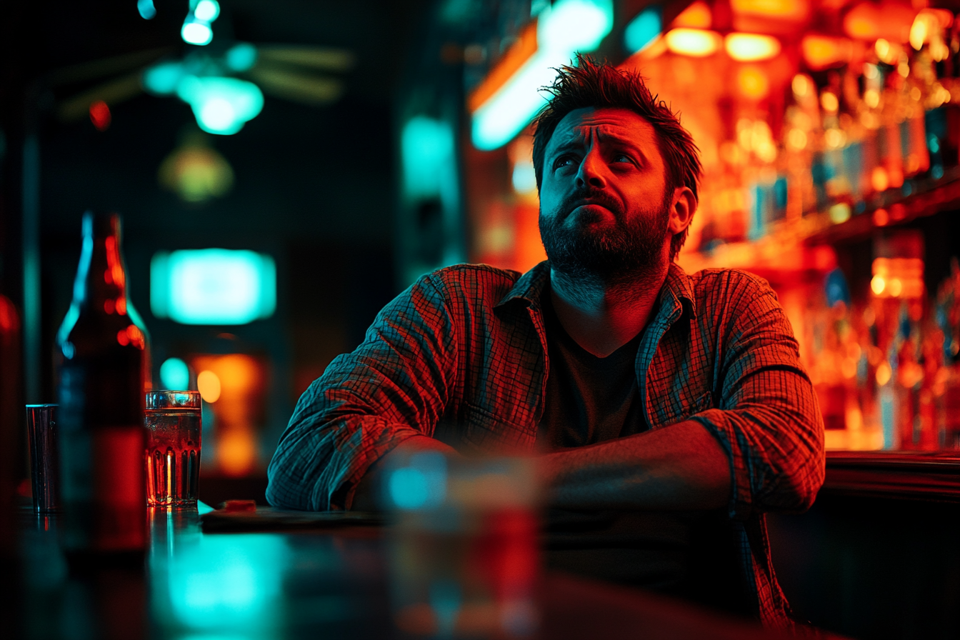 Man looking sad while sitting at a bar | Source: Midjourney