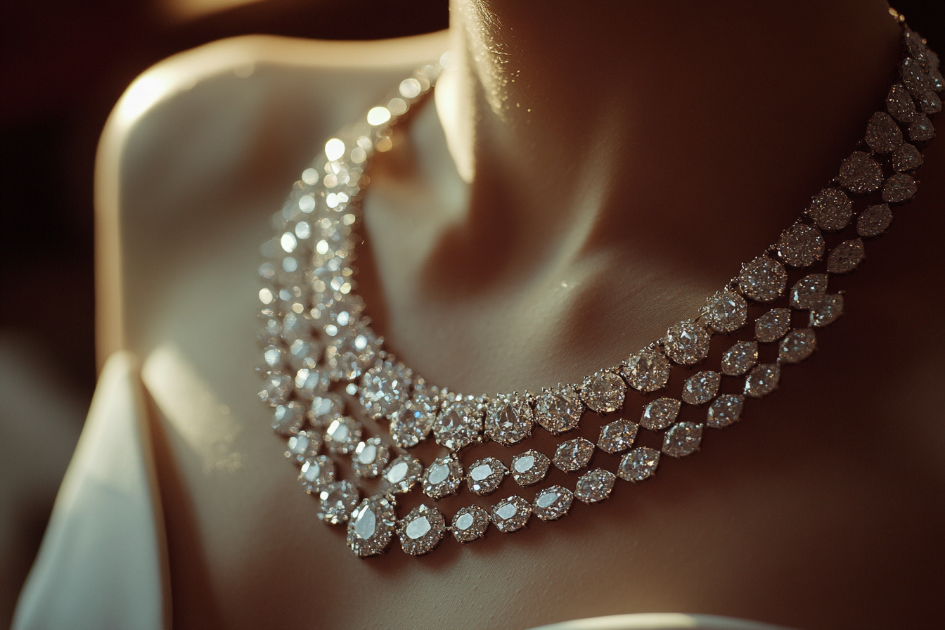 A flashy, big diamond necklace wrapped around a bride's neck | Source: Midjourney