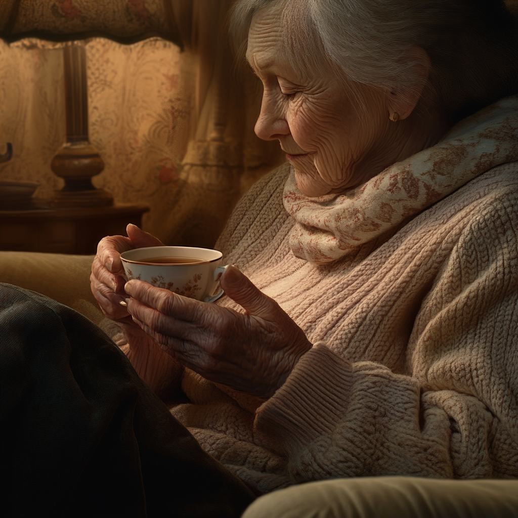 A sad older woman holding a teacup | Source: Midjourney