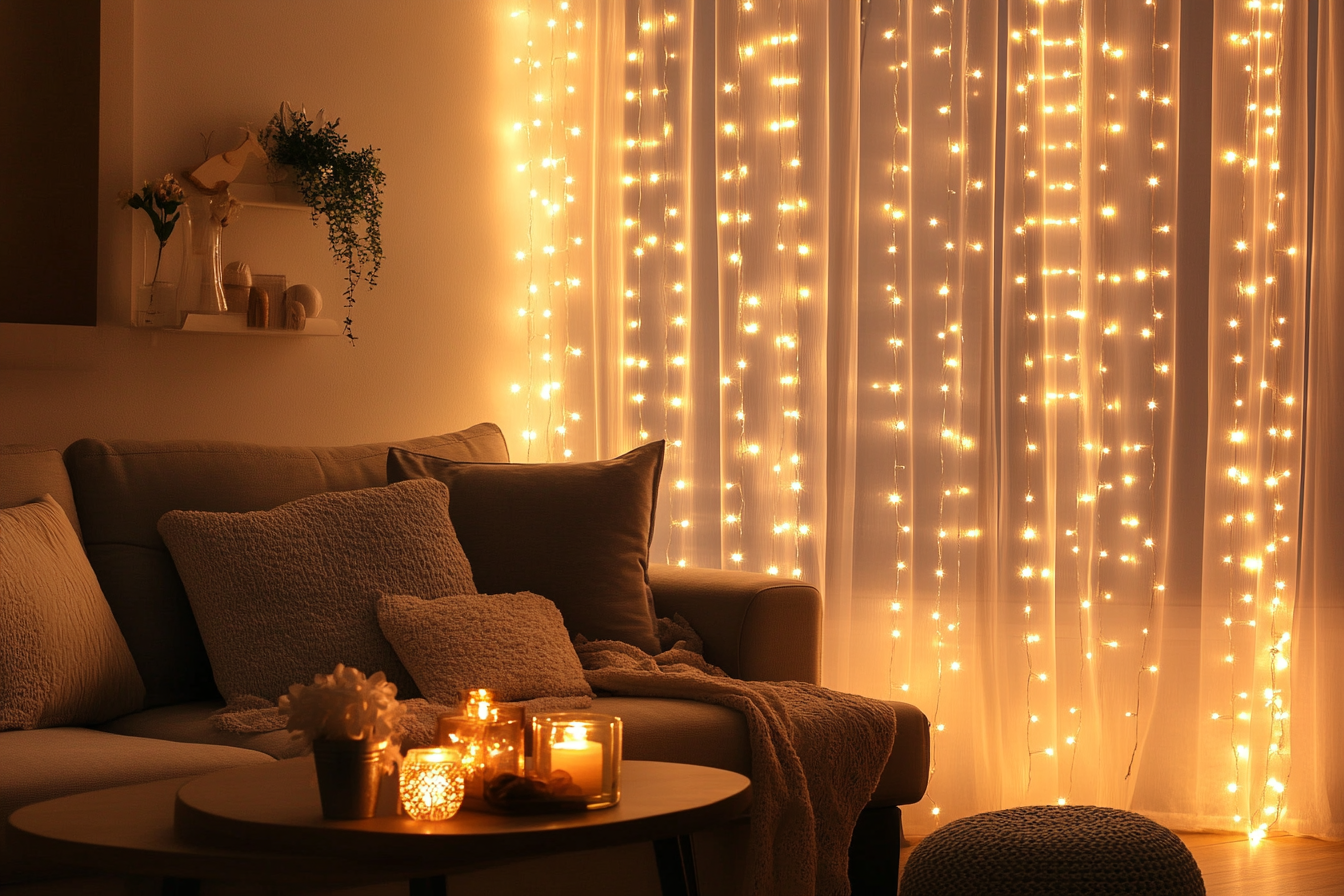 A living room decorated with fairy lights | Source: Midjourney