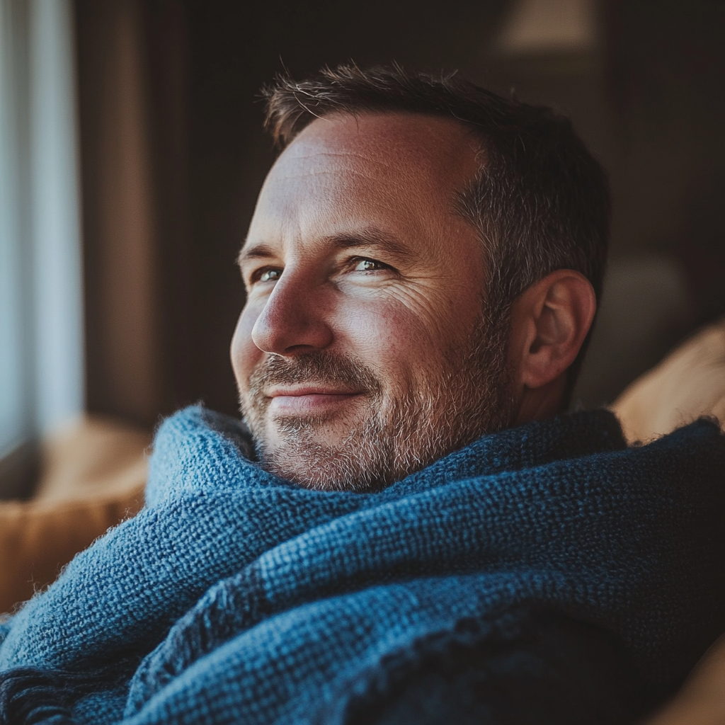 A smiling man in his living room | Source: Midjourney