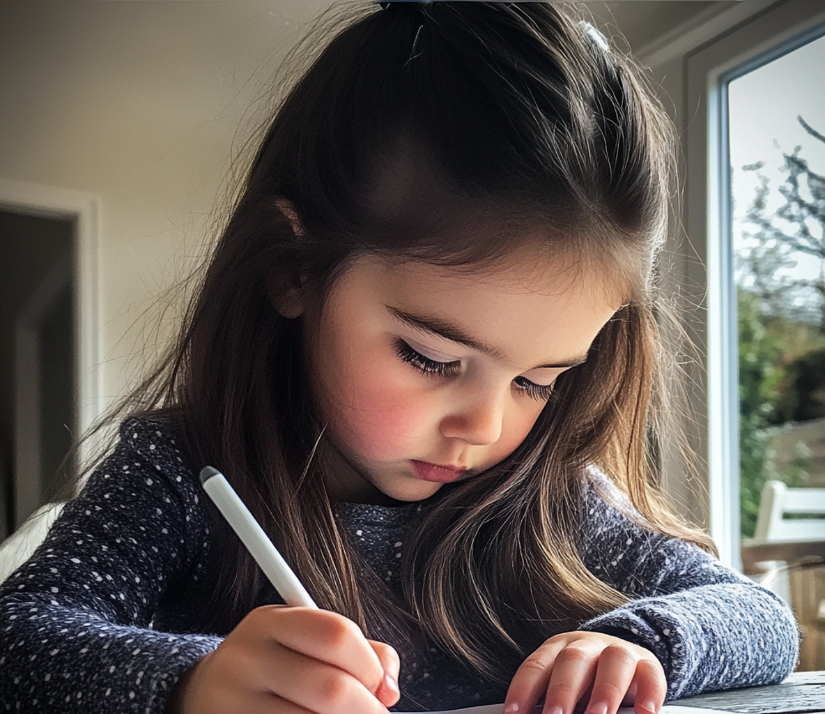 A little girl sitting at a table | Source: Midjourney