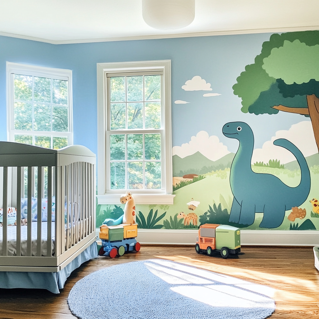 A dinosaur mural in a nursery | Source: Midjourney