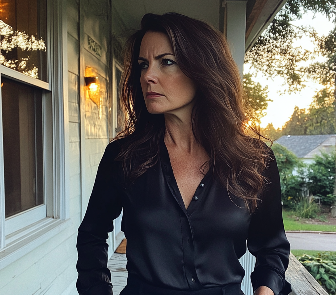 A woman standing on a porch | Source: Midjourney