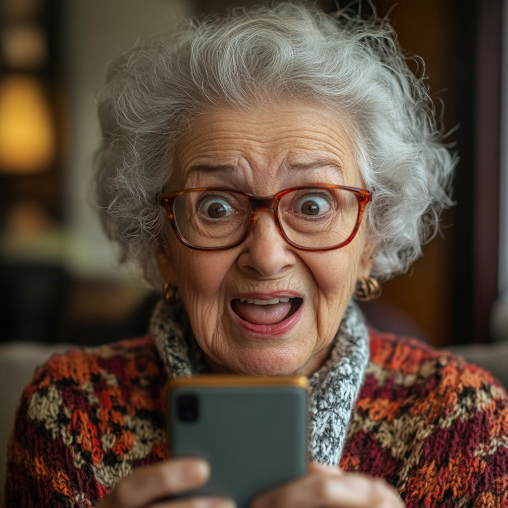 A senior woman gasps in shock at a phone notification | Source: Midjourney