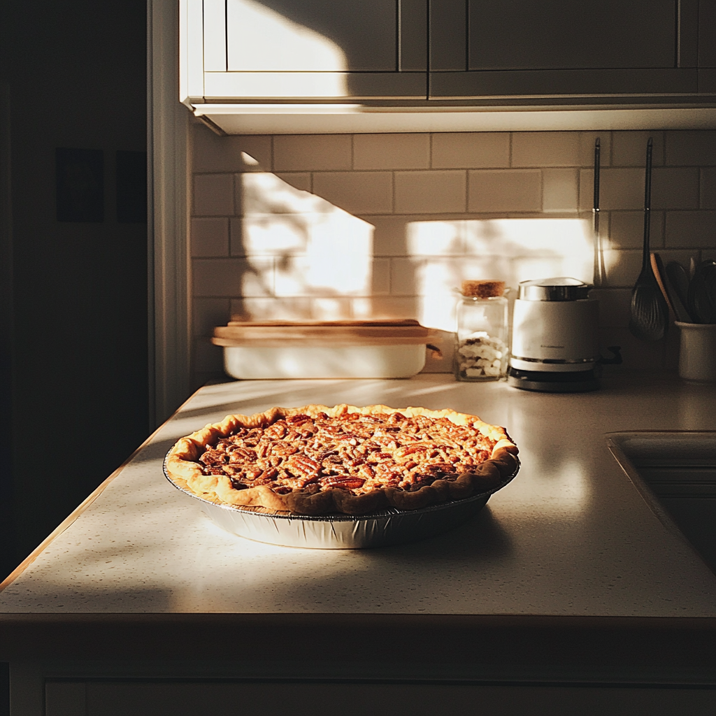 A pecan pie on a counter | Source: Midjourney