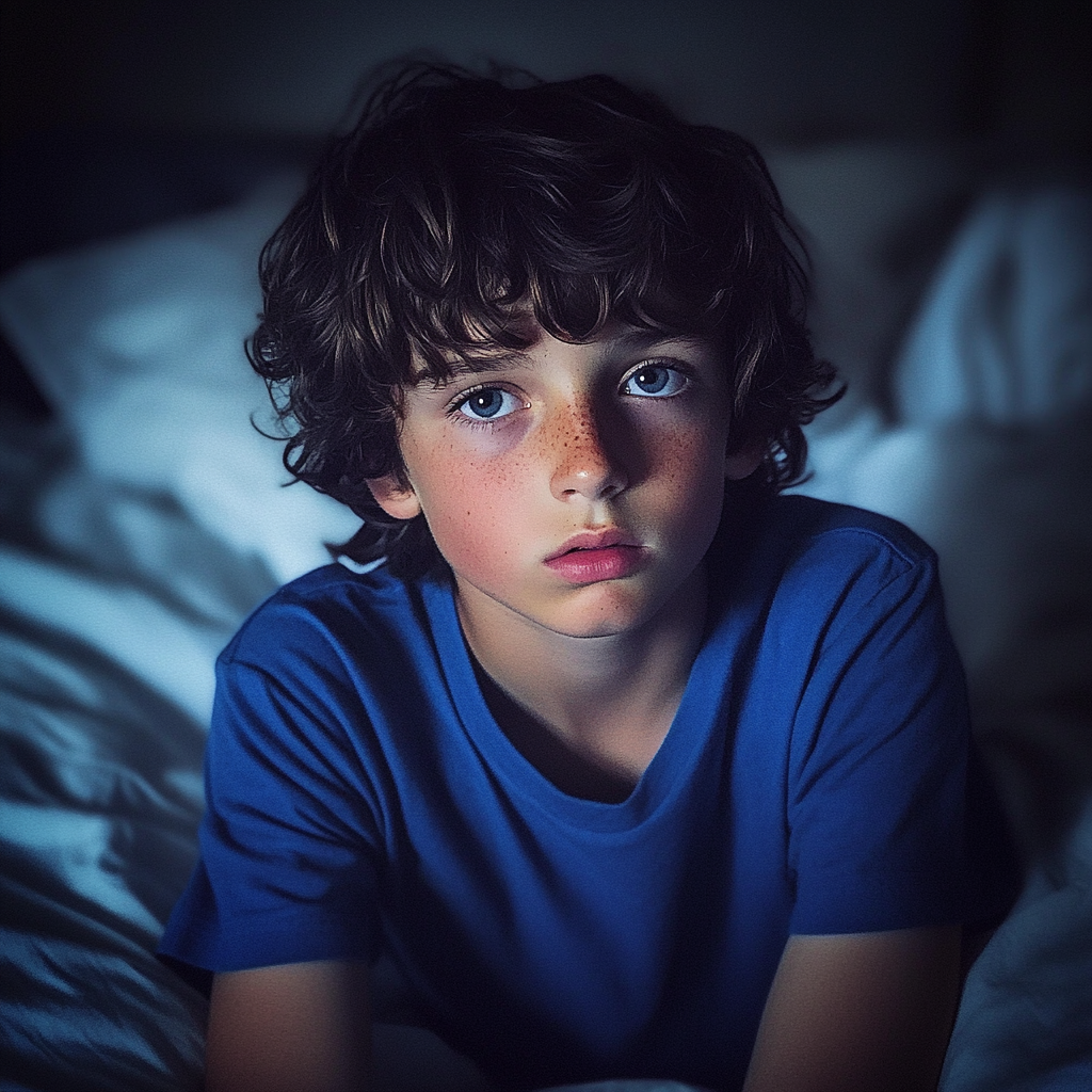 An upset boy sitting on a bed | Source: Midjourney