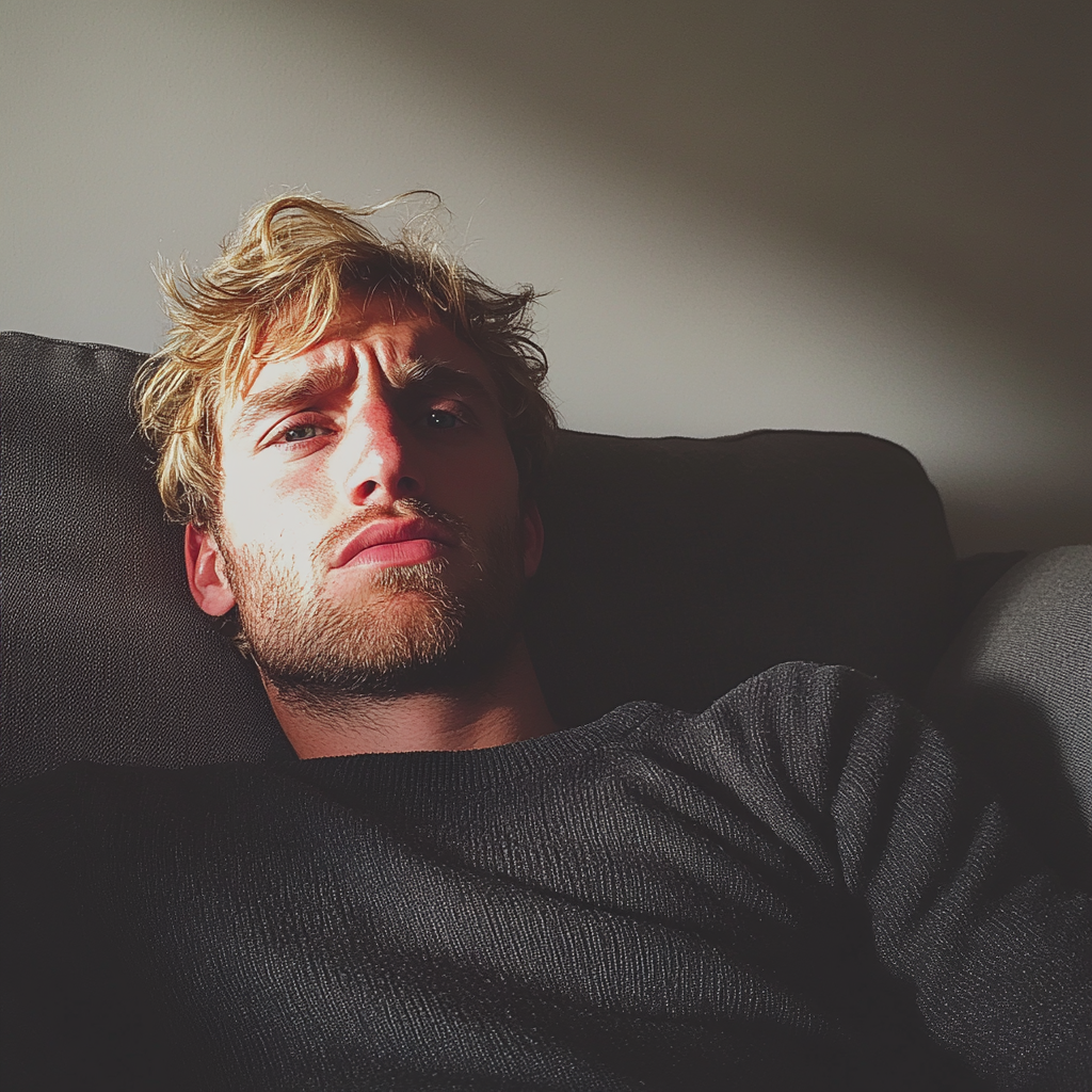 An upset man sitting on a couch | Source: Midjourney