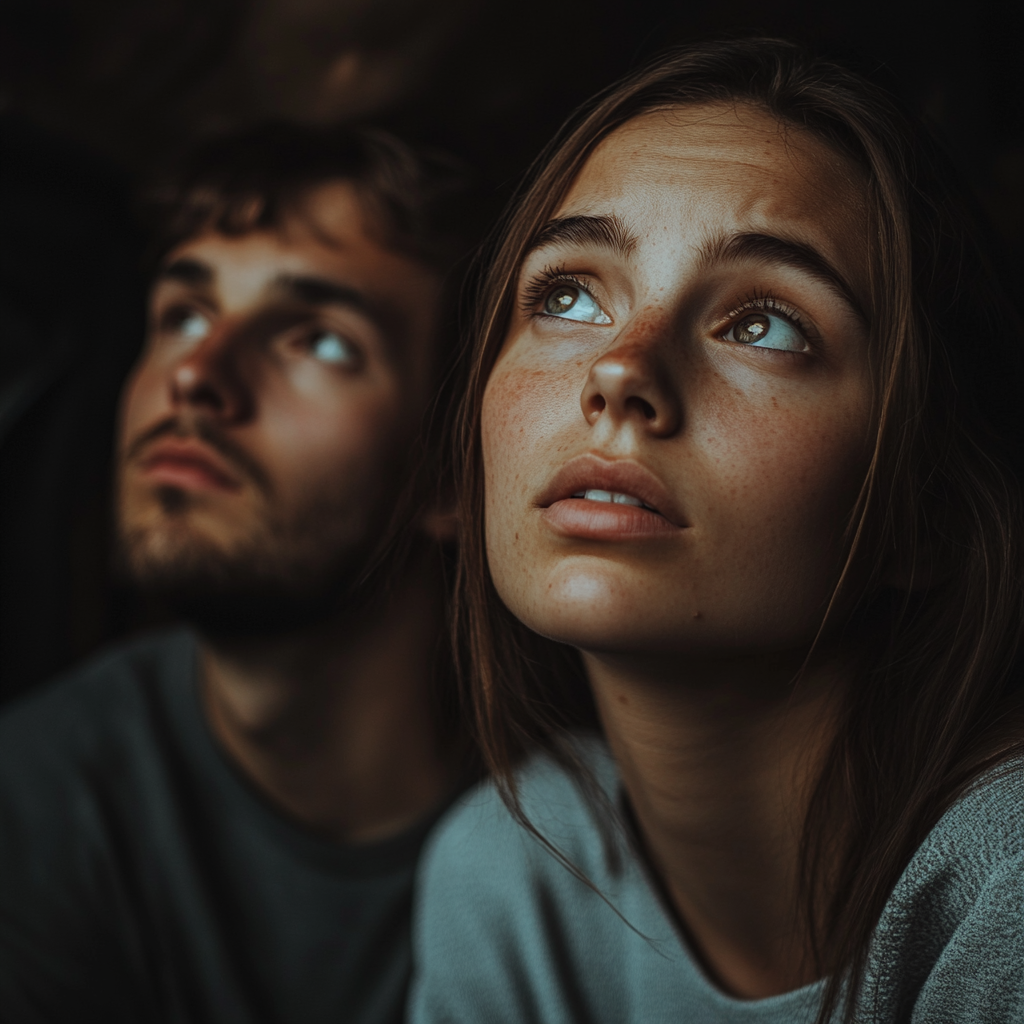 A thoughtful woman sitting by her husband | Source: Midjourney