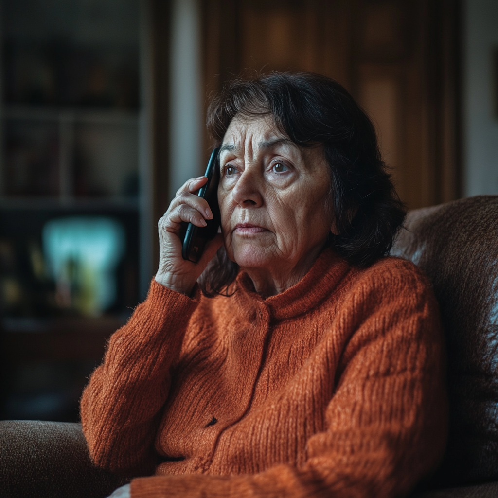 An elderly woman talking on her phone | Source: Midjourney