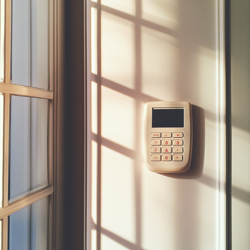 An alarm system keypad on a door | Source: Midjourney