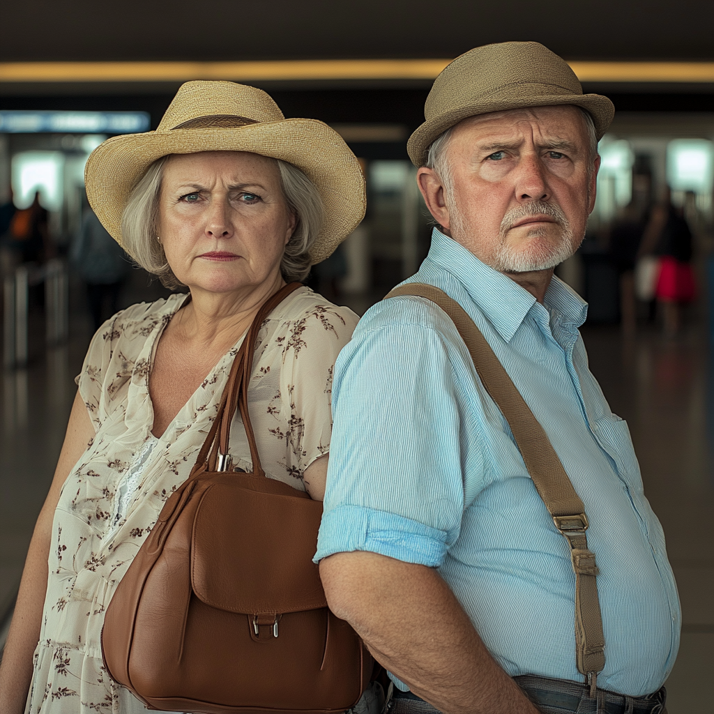 A disappointed couple in an airport | Source: Midjourney