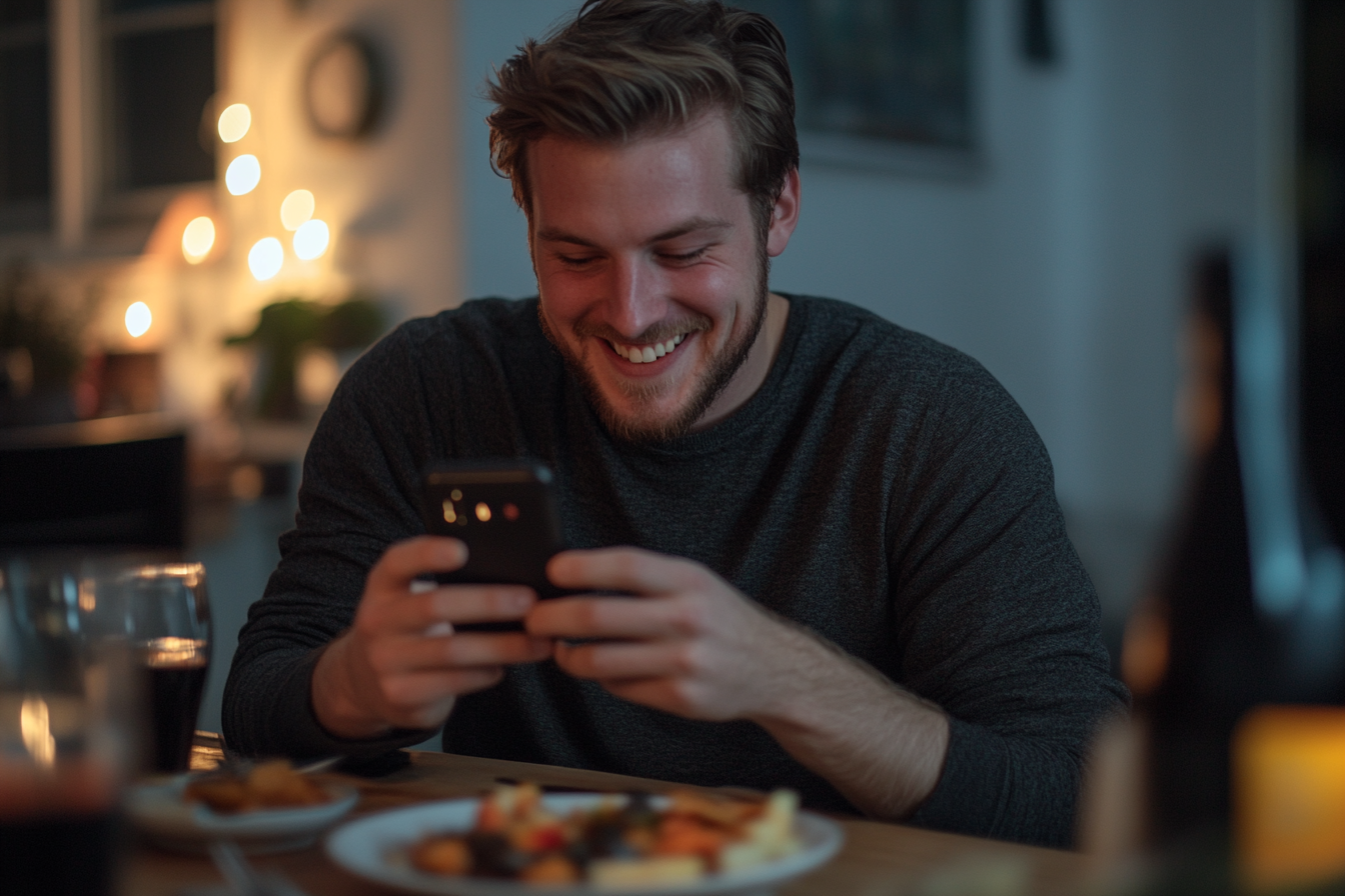 A man using his phone during dinner | Source: Midjourney