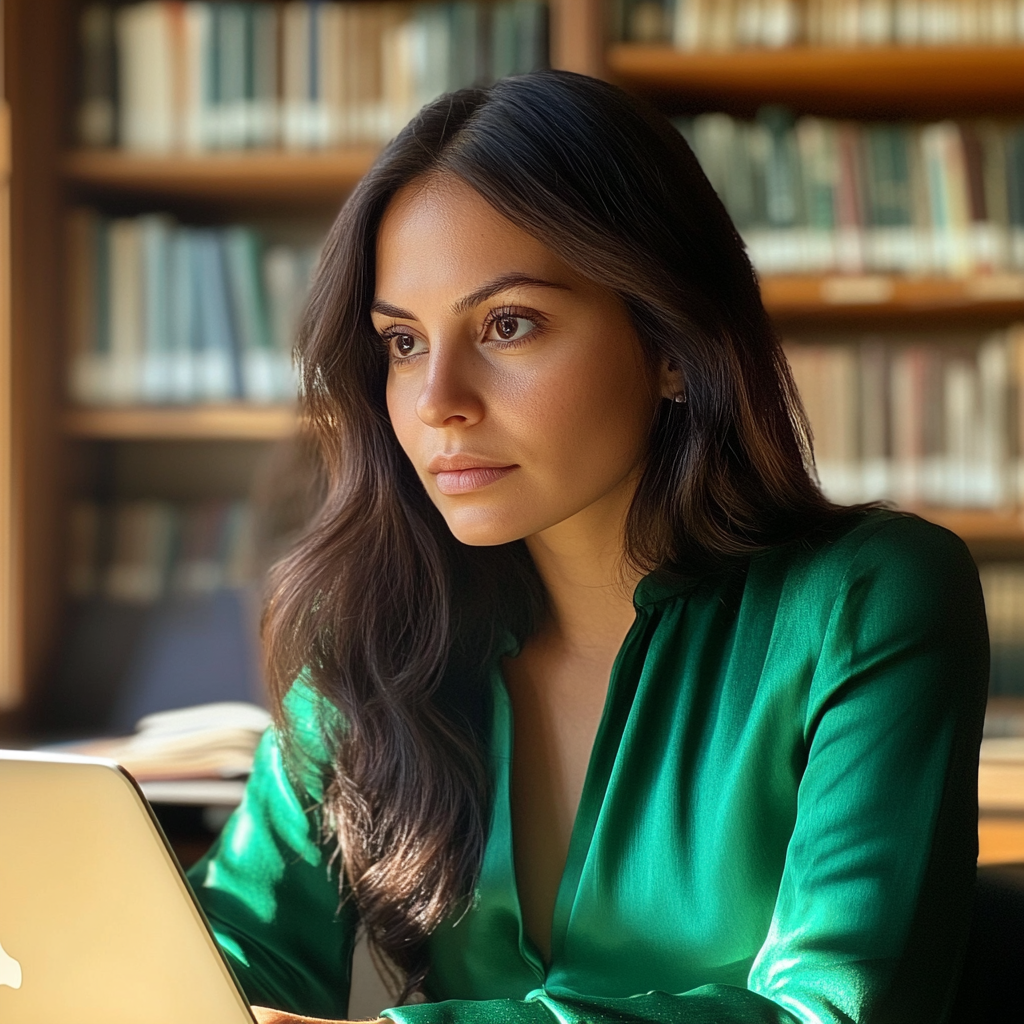 A woman sitting in a library | Source: Midjourney