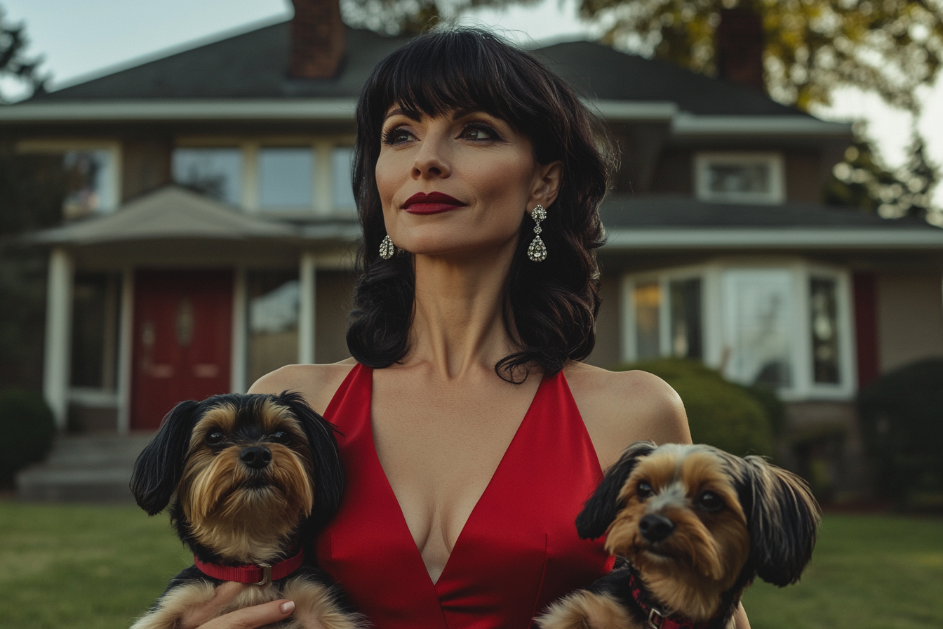 Una elegante mujer de unos 30 años con Yorkshire Terriers en el jardín delantero de una casa suburbana | Fuente: Midjourney