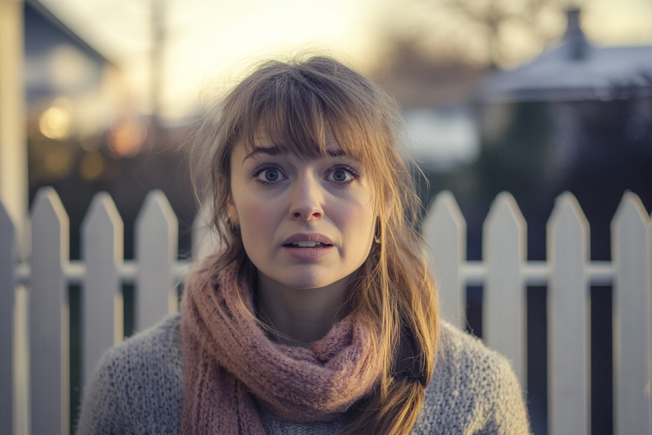 A shocked woman near a fence | Source: Midjourney