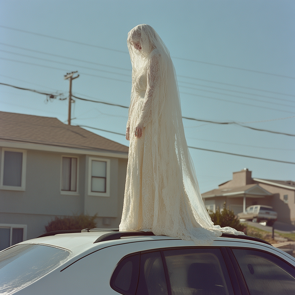 An angry woman in a wedding dress standing on top of a car | Source: Midjourney