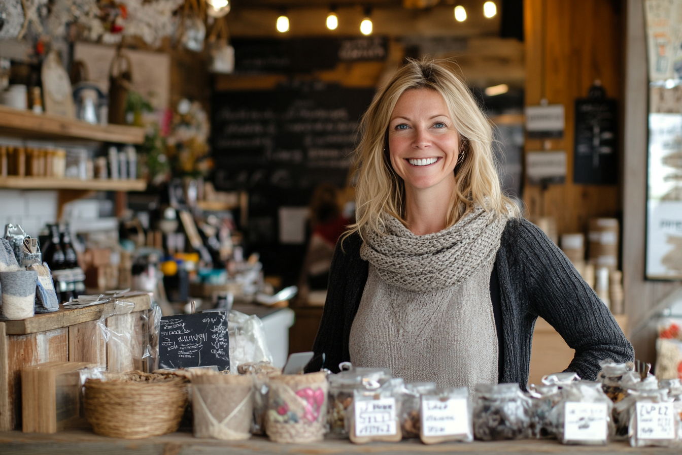 A woman behind the counter in a small store | Source: Midjourney