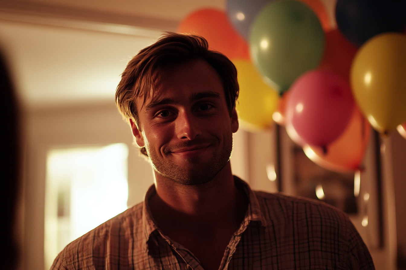 A man standing in a house with balloons behind him | Source: Midjourney