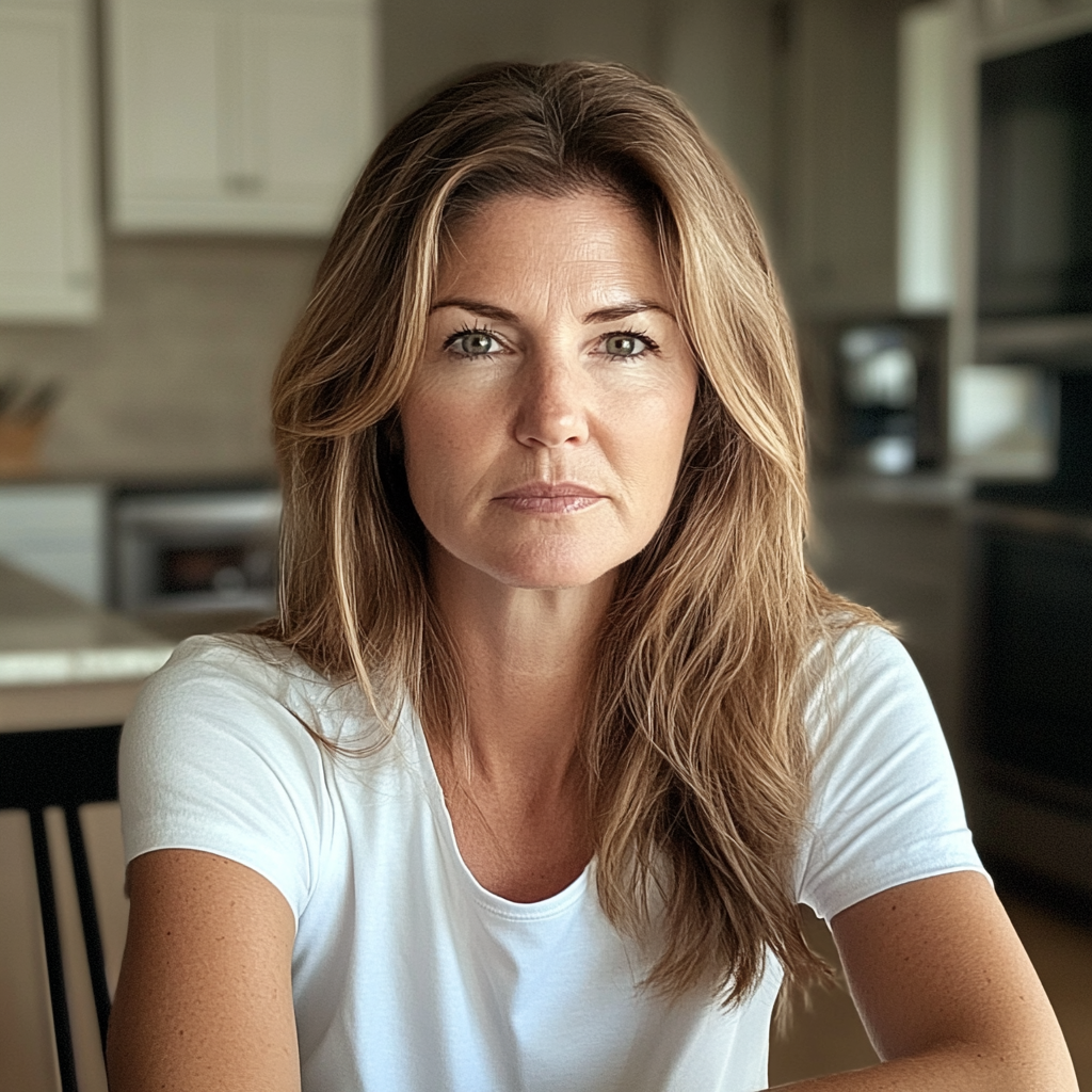 A woman sitting at a kitchen table | Source: Midjourney