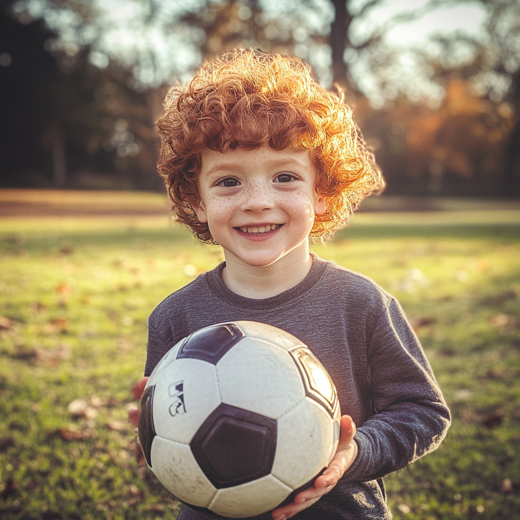 A little boy holding a soccer ball | Source: Midjourney