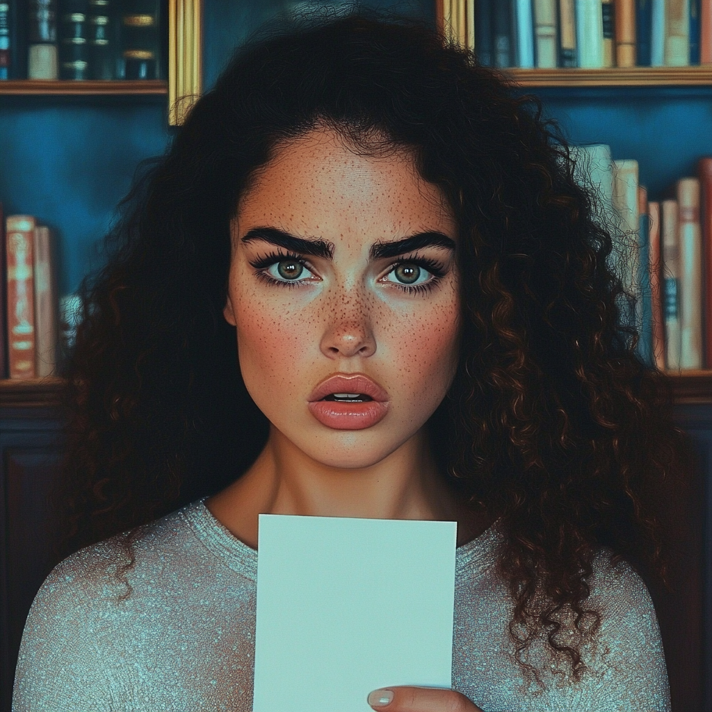 A shocked woman holding a piece of note | Source: Midjourney