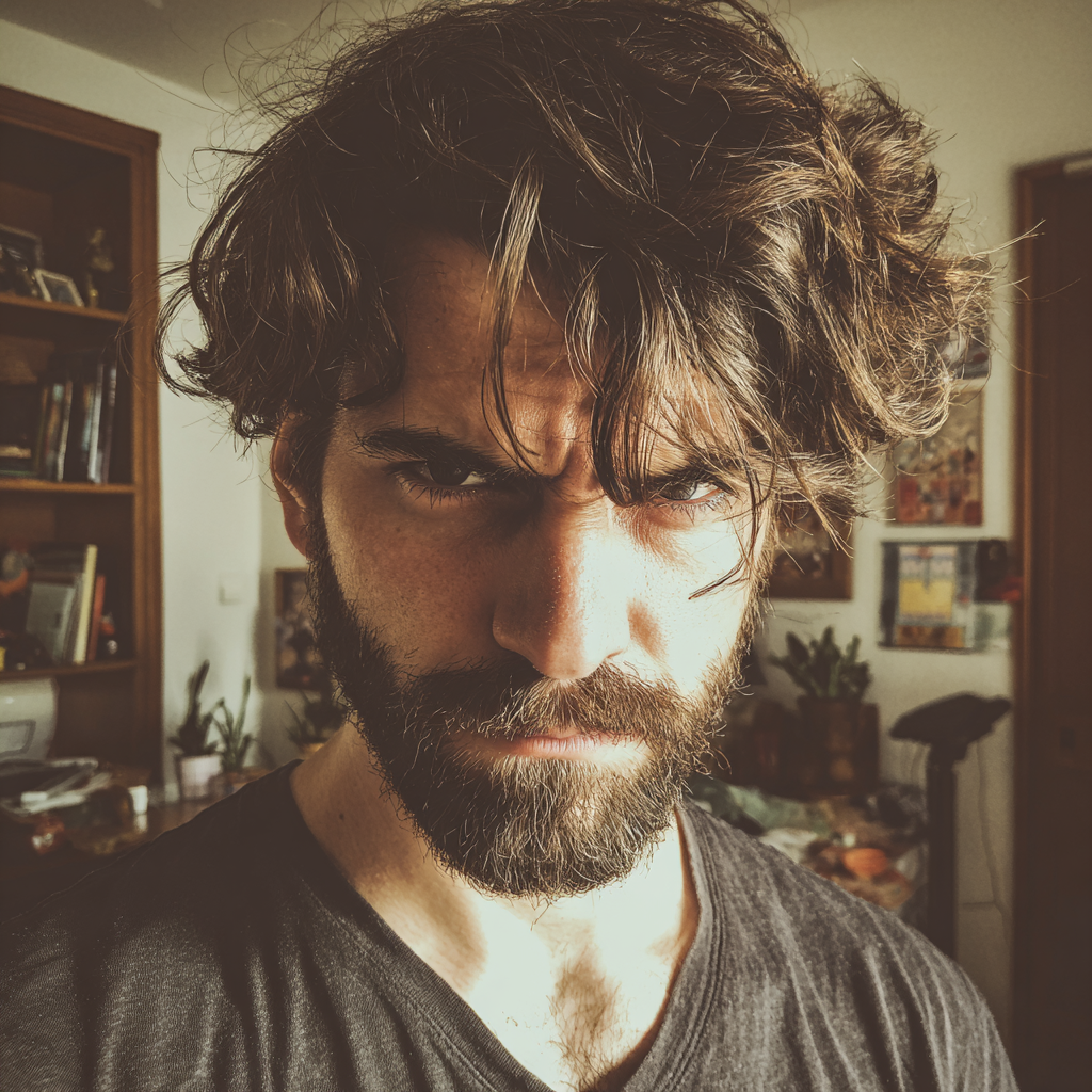 An upset man standing in a living room | Source: Midjourney