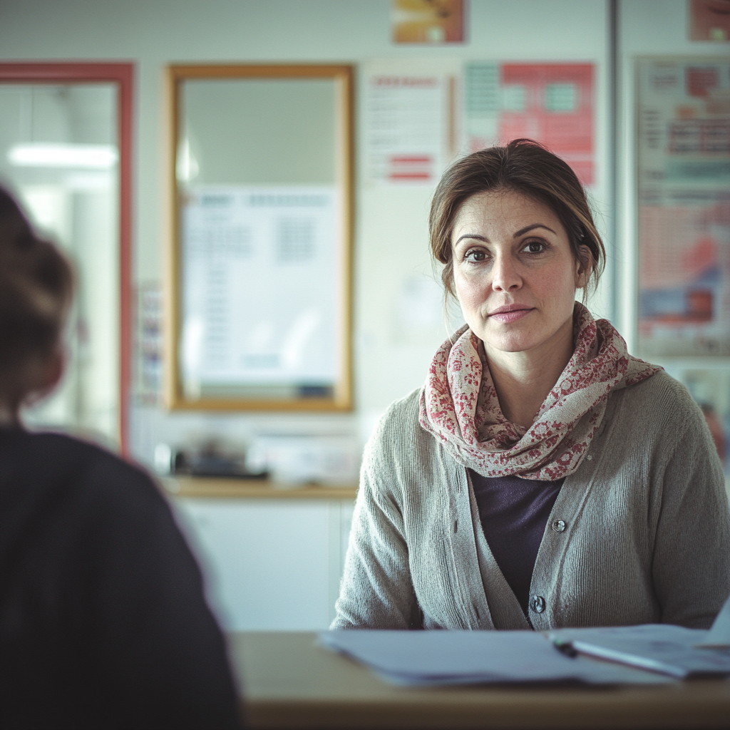 A school secretary speaking with a concerned teacher | Source: Midjourney