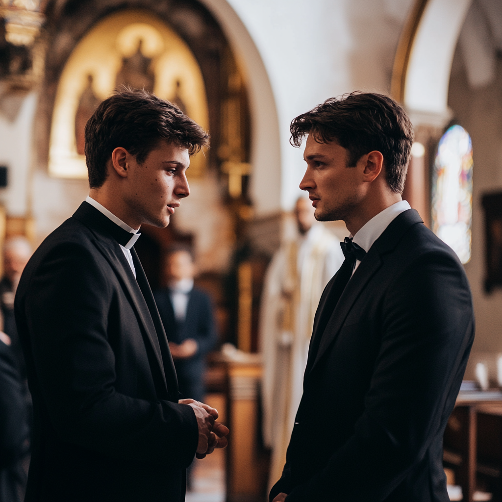 A groom talking to a priest | Source: Midjourney